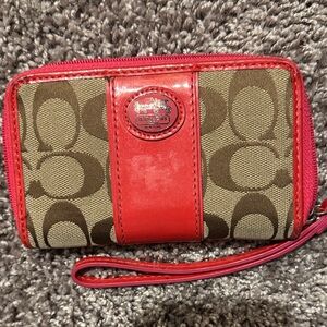 Coach Brown Signature Canvas Wristlet with Red Trim
